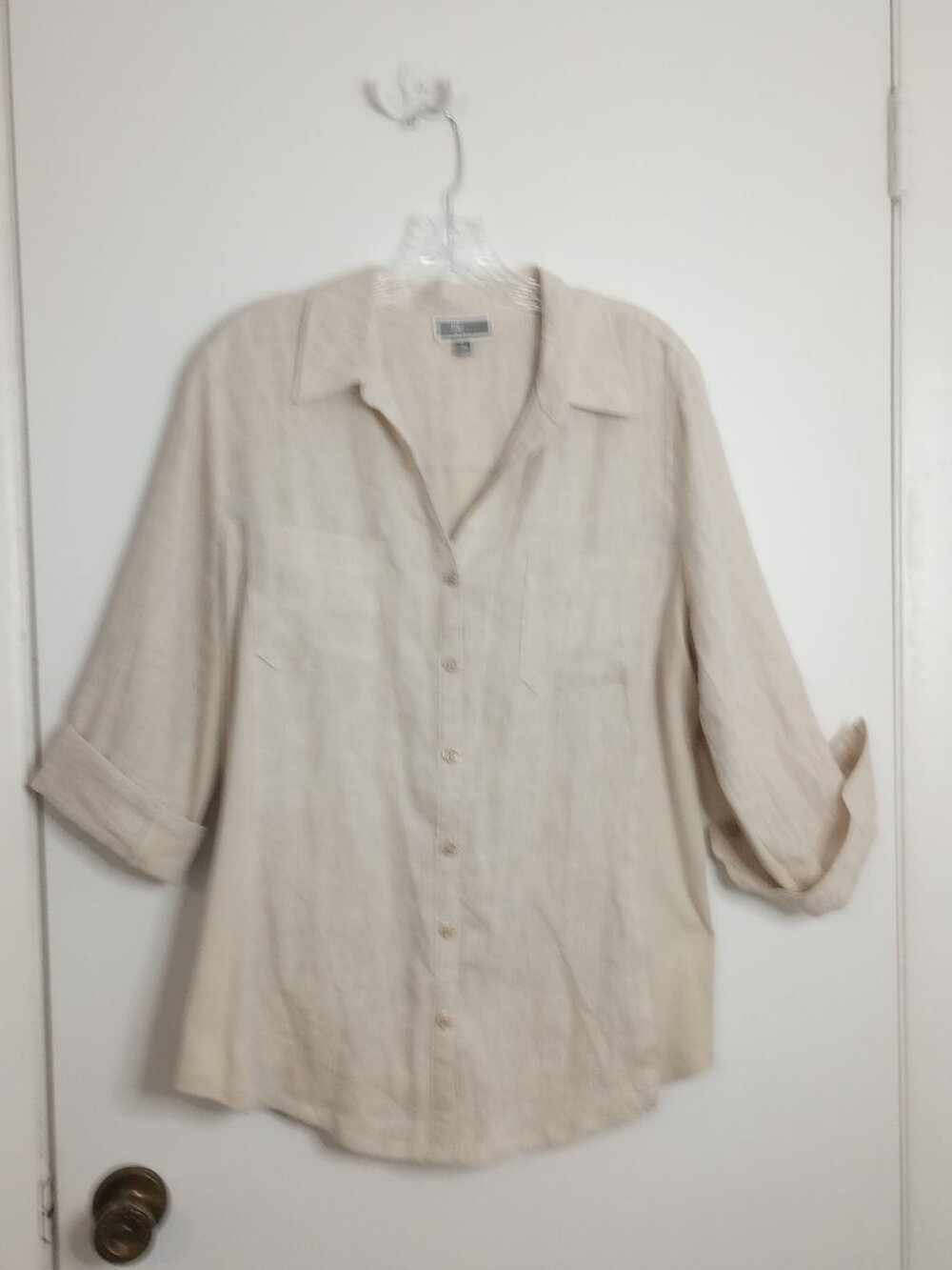 JM Collection Beige Linen Roll-Tab Sleeve Camp Shirt